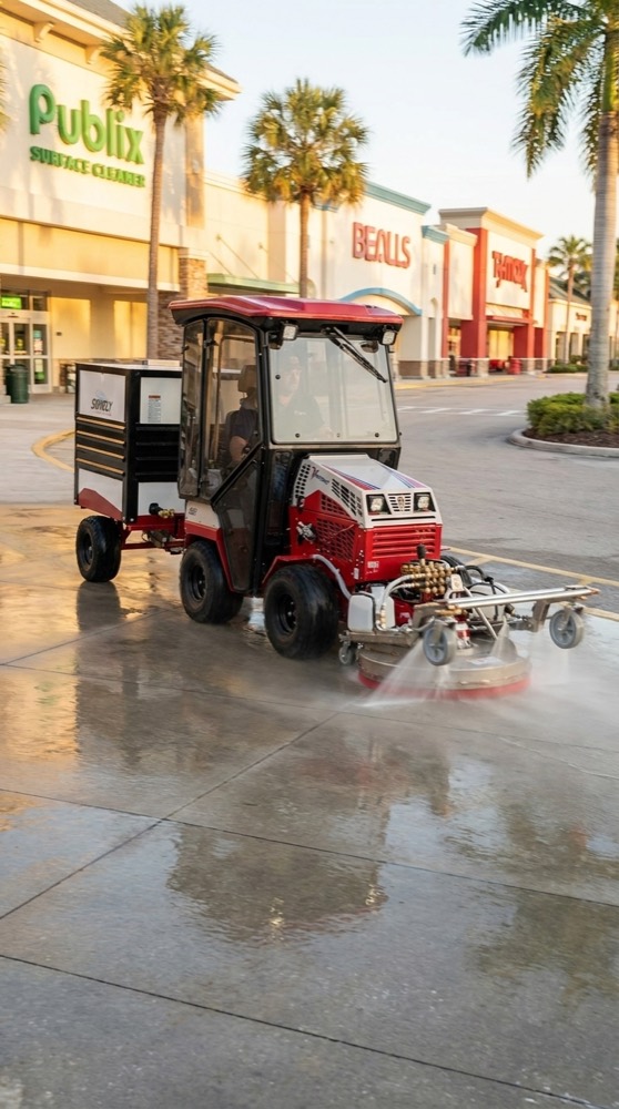 Ride-on surface cleaner pressure washing a commercial parking lot in front of a strip mall
