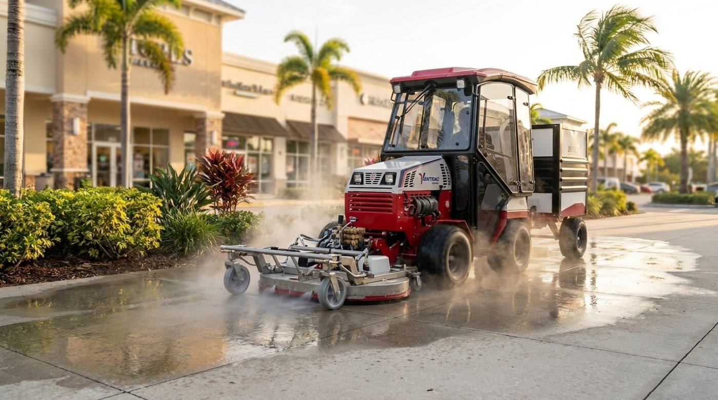 Commercial ride-on pressure washer cleaning pavement with a rotary surface attachment
