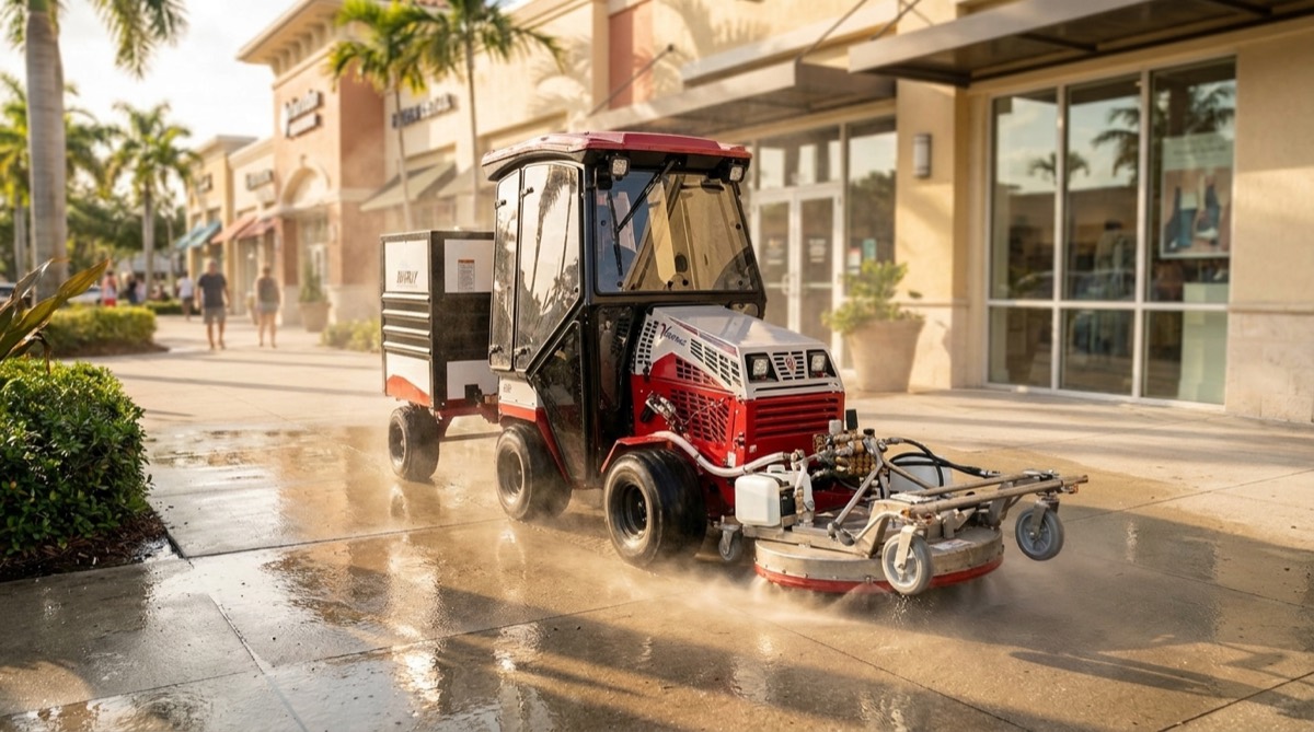 Pressure washing a storefront sidewalk with a commercial ride-on cleaner